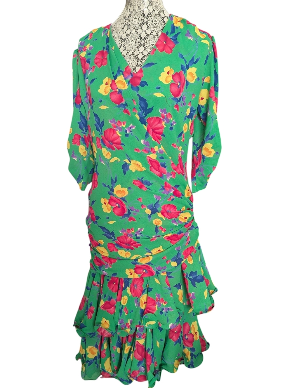 Vintage Frank Usher  Floral Wrap Ruffle Dress